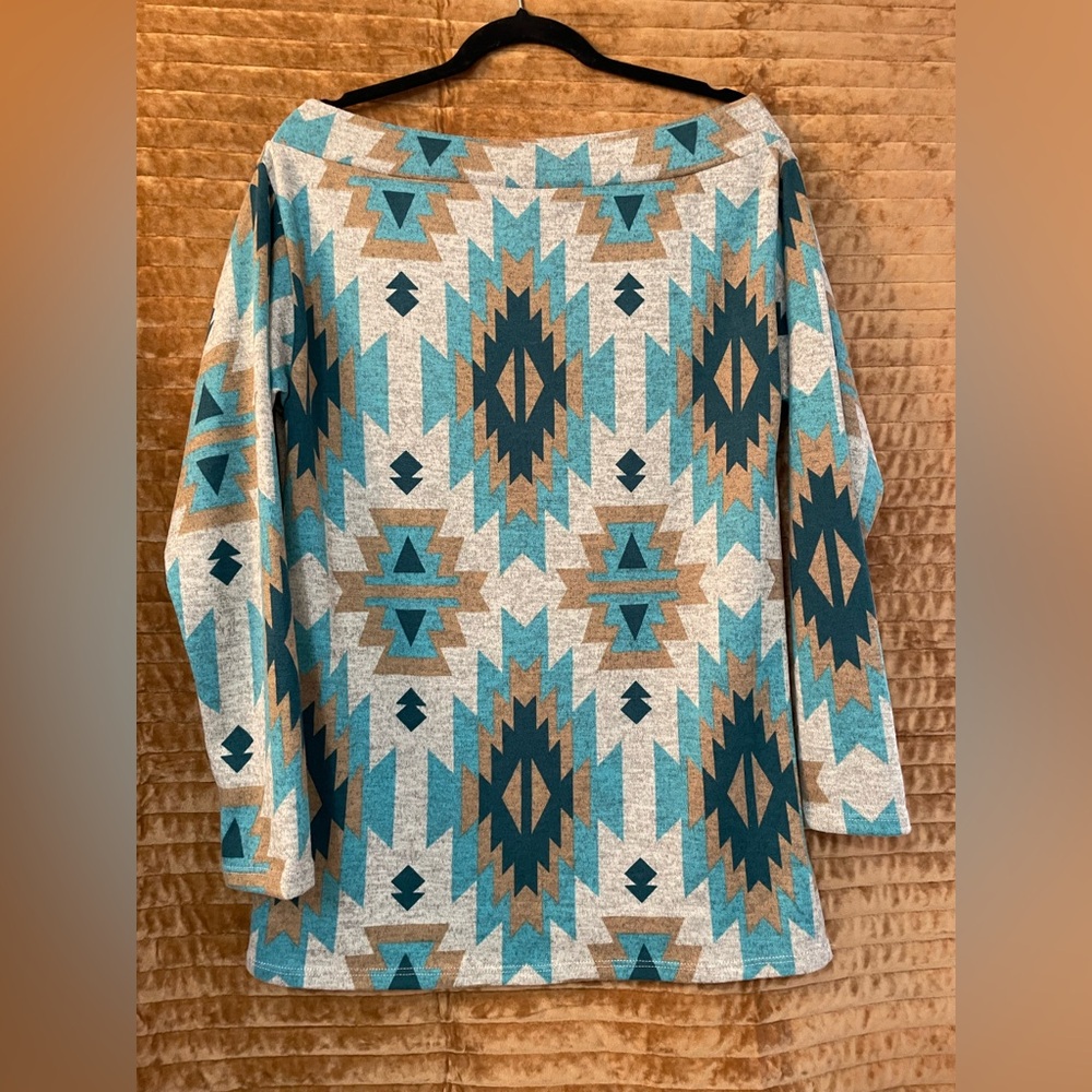 Wrangler Teal and Brown Off-the-Shoulder Sweater